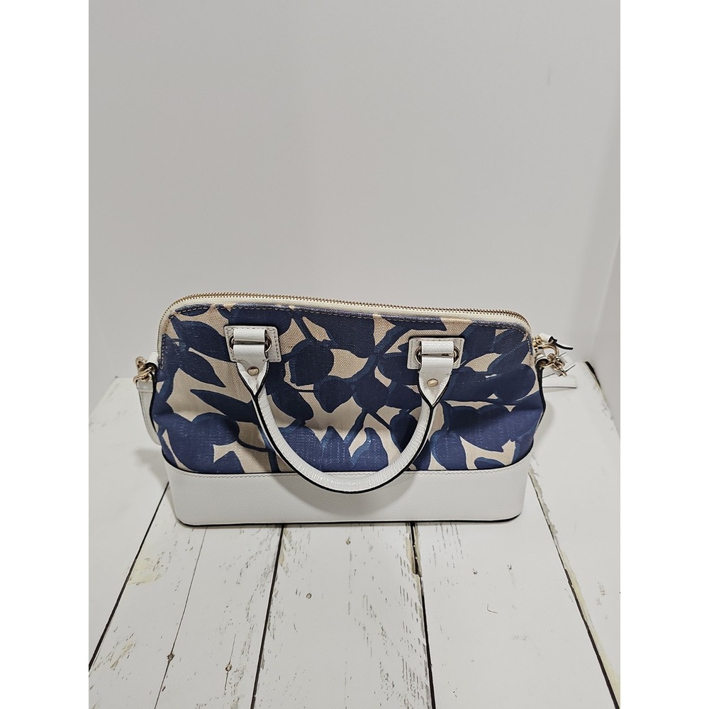 Kate Spade Wellesley Rachelle Leaves Dome Satchel Handbag Navy Blue White Canvas - Picture 8 of 13